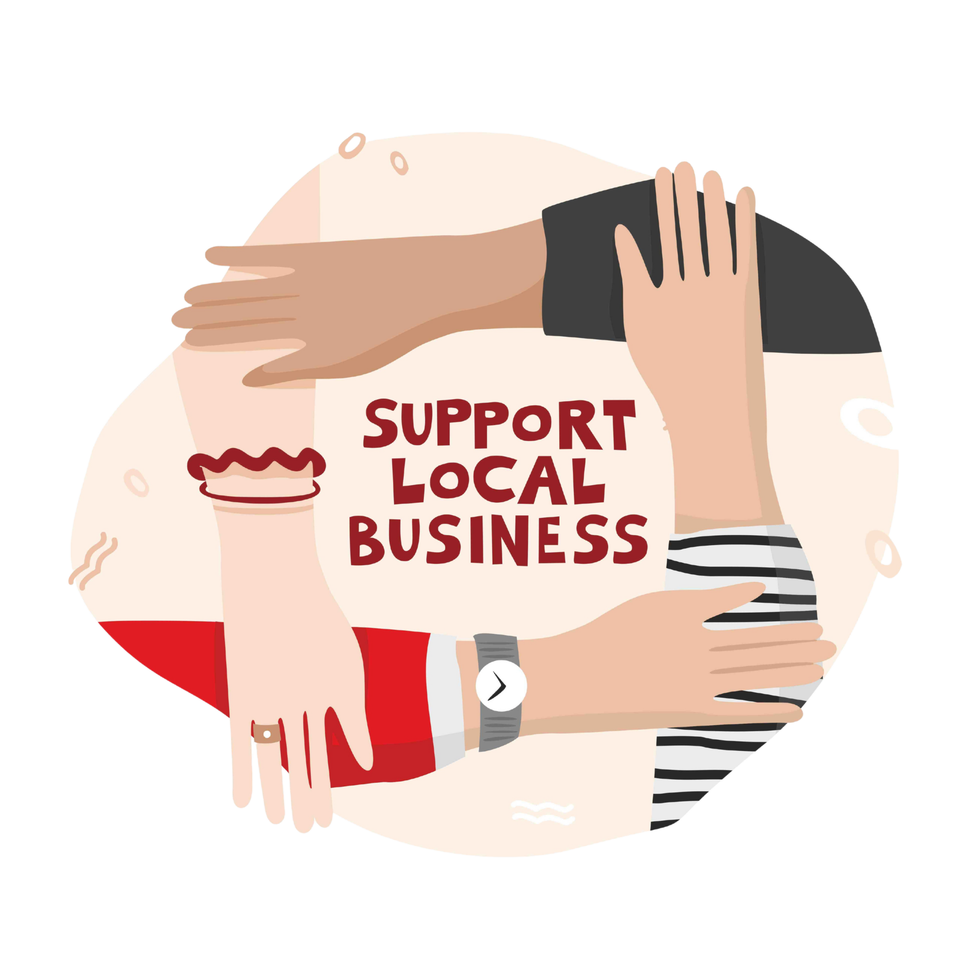 Four Hands Hold Each Other in a Circle with an Inscription in the Center Support Local Business. 